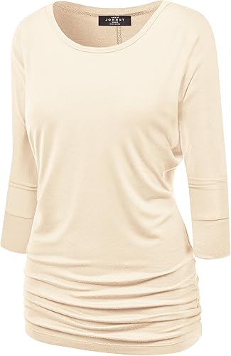Made By Johnny Women's Casual Boat Neck and V-Neck 3/4 Sleeve Draped Dolman Top with Side Shirring Premium Shirt