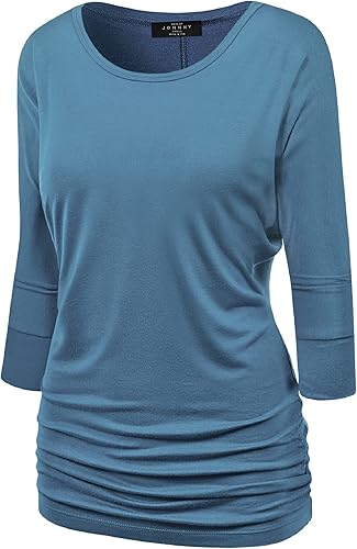 Made By Johnny Women's Casual Boat Neck and V-Neck 3/4 Sleeve Draped Dolman Top with Side Shirring Premium Shirt