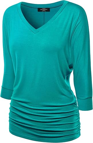 Made By Johnny Women's Casual Boat Neck and V-Neck 3/4 Sleeve Draped Dolman Top with Side Shirring Premium Shirt