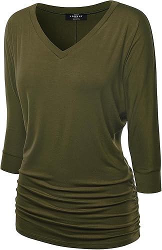 Made By Johnny Women's Casual Boat Neck and V-Neck 3/4 Sleeve Draped Dolman Top with Side Shirring Premium Shirt