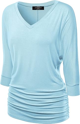 Made By Johnny Women's Casual Boat Neck and V-Neck 3/4 Sleeve Draped Dolman Top with Side Shirring Premium Shirt