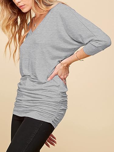 Made By Johnny Women's Casual Boat Neck and V-Neck 3/4 Sleeve Draped Dolman Top with Side Shirring Premium Shirt
