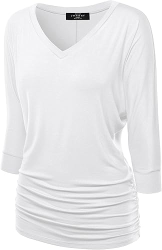 Made By Johnny Women's Casual Boat Neck and V-Neck 3/4 Sleeve Draped Dolman Top with Side Shirring Premium Shirt