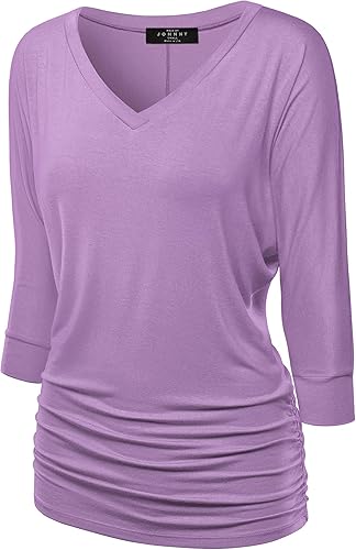 Made By Johnny Women's Casual Boat Neck and V-Neck 3/4 Sleeve Draped Dolman Top with Side Shirring Premium Shirt