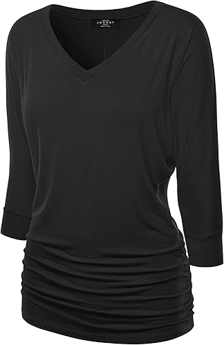 Made By Johnny Women's Casual Boat Neck and V-Neck 3/4 Sleeve Draped Dolman Top with Side Shirring Premium Shirt