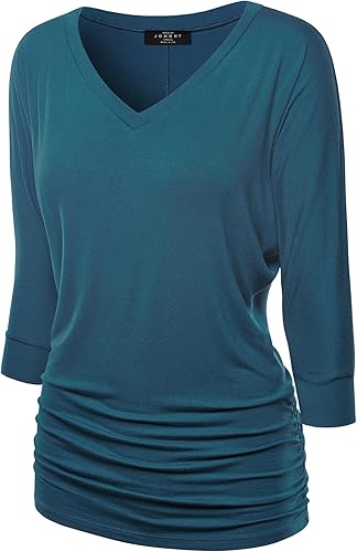 Made By Johnny Women's Casual Boat Neck and V-Neck 3/4 Sleeve Draped Dolman Top with Side Shirring Premium Shirt