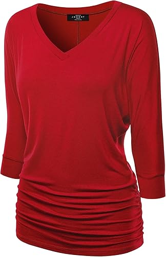 Made By Johnny Women's Casual Boat Neck and V-Neck 3/4 Sleeve Draped Dolman Top with Side Shirring Premium Shirt