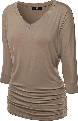 Made By Johnny Women's Casual Boat Neck and V-Neck 3/4 Sleeve Draped Dolman Top with Side Shirring Premium Shirt