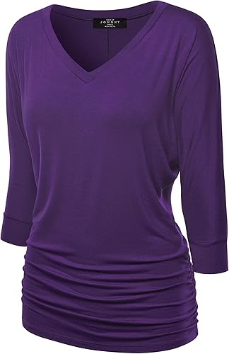 Made By Johnny Women's Casual Boat Neck and V-Neck 3/4 Sleeve Draped Dolman Top with Side Shirring Premium Shirt