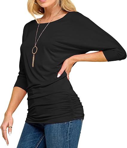 Made By Johnny Women's Casual Boat Neck and V-Neck 3/4 Sleeve Draped Dolman Top with Side Shirring Premium Shirt
