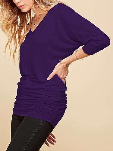 Made By Johnny Women's Casual Boat Neck and V-Neck 3/4 Sleeve Draped Dolman Top with Side Shirring Premium Shirt