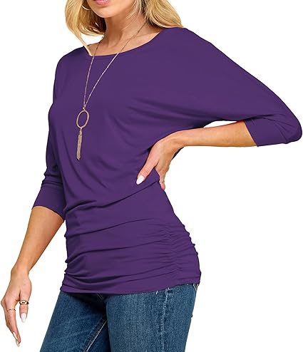Made By Johnny Women's Casual Boat Neck and V-Neck 3/4 Sleeve Draped Dolman Top with Side Shirring Premium Shirt