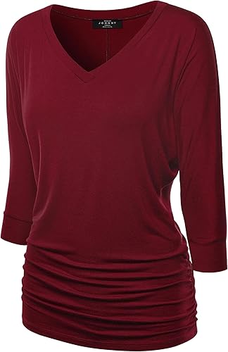 Made By Johnny Women's Casual Boat Neck and V-Neck 3/4 Sleeve Draped Dolman Top with Side Shirring Premium Shirt
