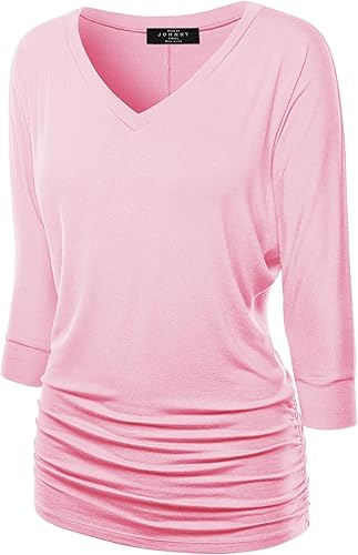 Made By Johnny Women's Casual Boat Neck and V-Neck 3/4 Sleeve Draped Dolman Top with Side Shirring Premium Shirt