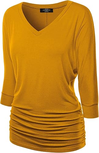 Made By Johnny Women's Casual Boat Neck and V-Neck 3/4 Sleeve Draped Dolman Top with Side Shirring Premium Shirt