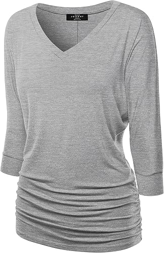 Made By Johnny Women's Casual Boat Neck and V-Neck 3/4 Sleeve Draped Dolman Top with Side Shirring Premium Shirt