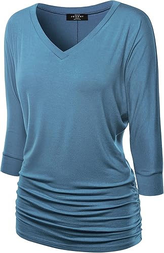Made By Johnny Women's Casual Boat Neck and V-Neck 3/4 Sleeve Draped Dolman Top with Side Shirring Premium Shirt