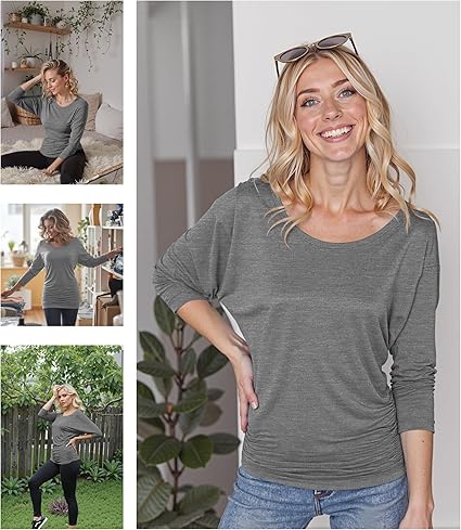 Made By Johnny Women's Casual Boat Neck and V-Neck 3/4 Sleeve Draped Dolman Top with Side Shirring Premium Shirt