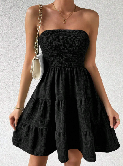 SHEIN LUNE Solid Color Ruffles Hem Strapless Dress