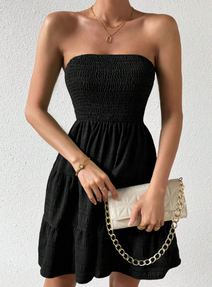SHEIN LUNE Solid Color Ruffles Hem Strapless Dress