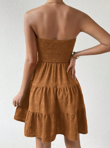 SHEIN LUNE Solid Color Ruffles Hem Strapless Dress