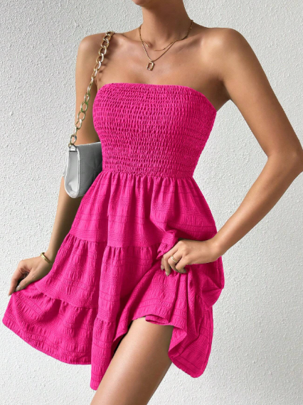 SHEIN LUNE Solid Color Ruffles Hem Strapless Dress