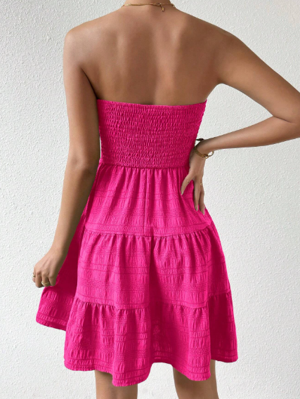 SHEIN LUNE Solid Color Ruffles Hem Strapless Dress