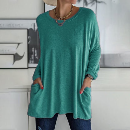 Round Neck Long Sleeve Pocket Solid T-Shirt