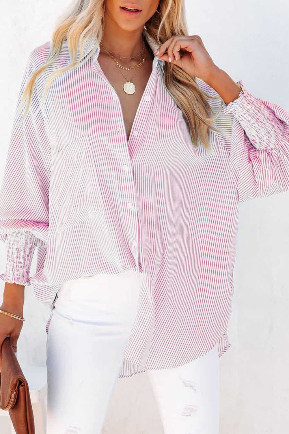 🔥Mid-length smocked shirt with striped lapel and oversized drawdown sleeves🏆️