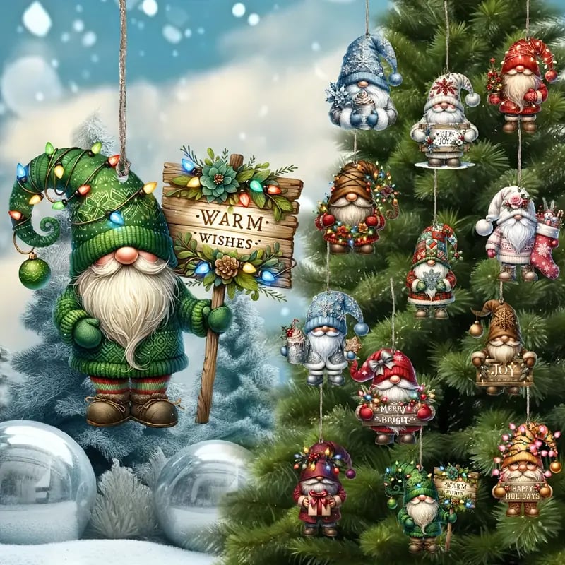 Wooden Dwarf Christmas Tree Ornaments Set – 12-Piece Holiday Decor