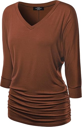 Made By Johnny Women's Casual Boat Neck and V-Neck 3/4 Sleeve Draped Dolman Top with Side Shirring Premium Shirt