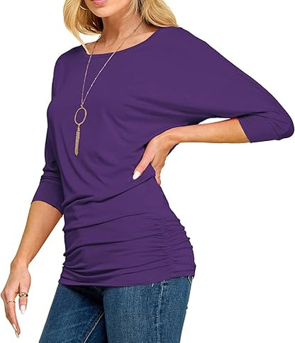 Made By Johnny Women's Casual Boat Neck and V-Neck 3/4 Sleeve Draped Dolman Top with Side Shirring Premium Shirt