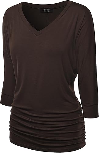Made By Johnny Women's Casual Boat Neck and V-Neck 3/4 Sleeve Draped Dolman Top with Side Shirring Premium Shirt