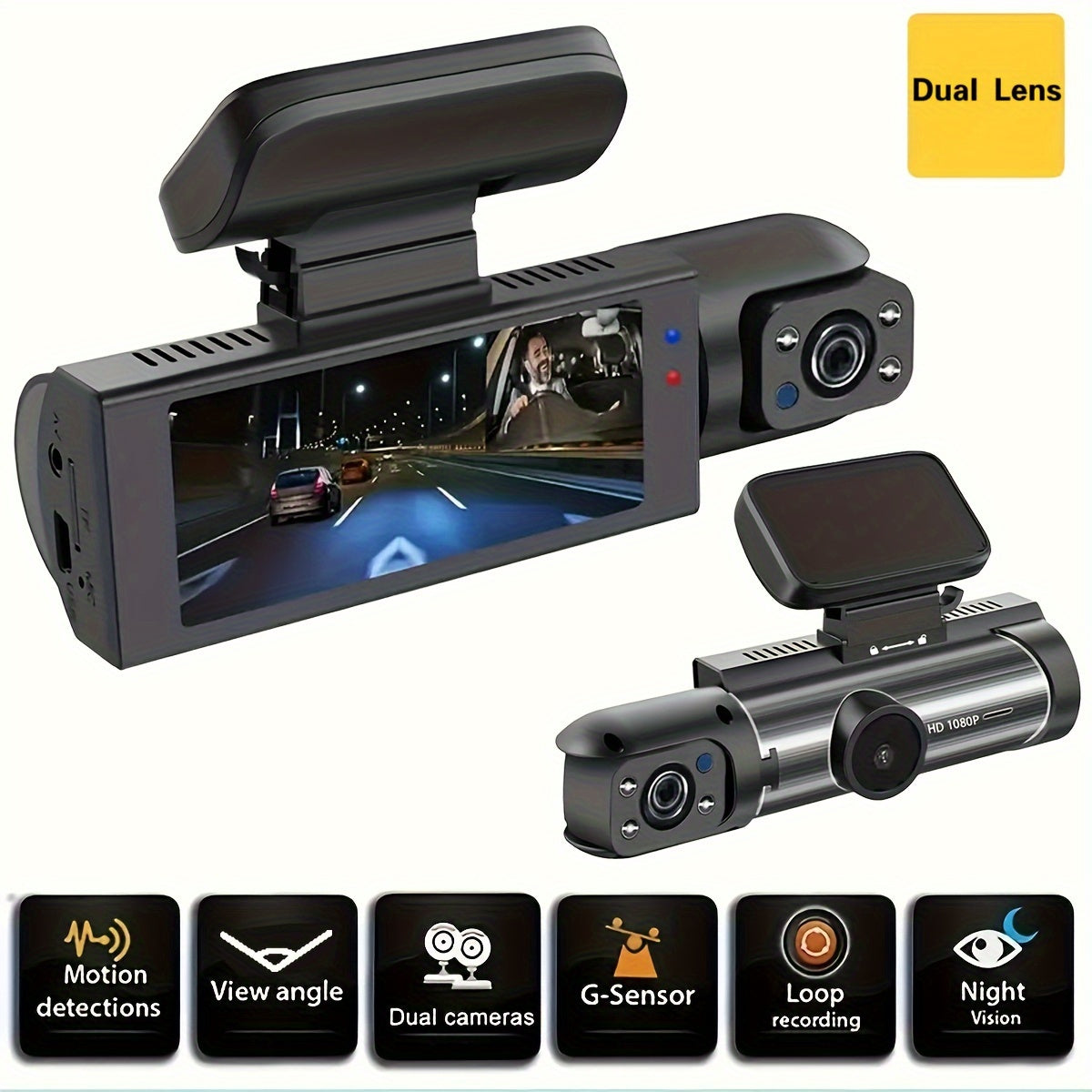 1080P Dual Camera Dash Cam For Cars With IR Night Vision, Loop Recording