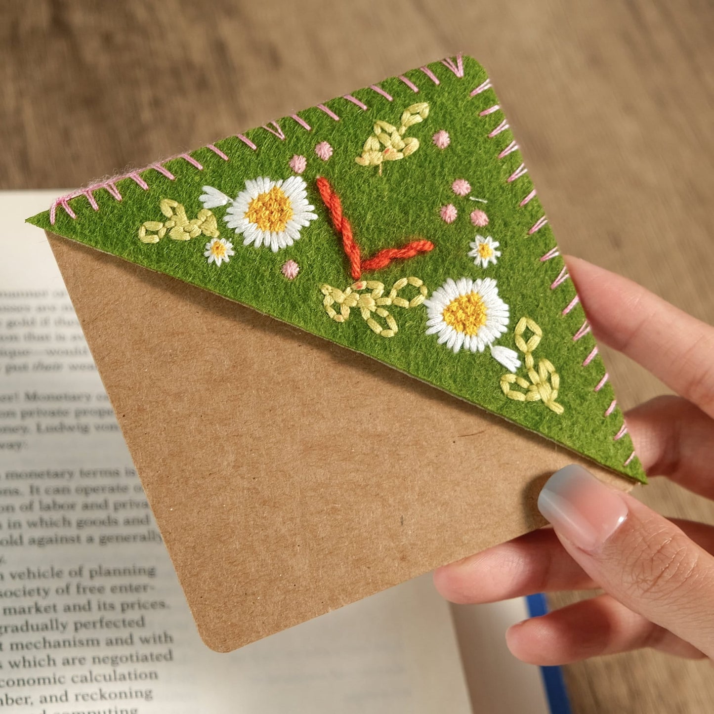 Personalized hand embroidered corner bookmark