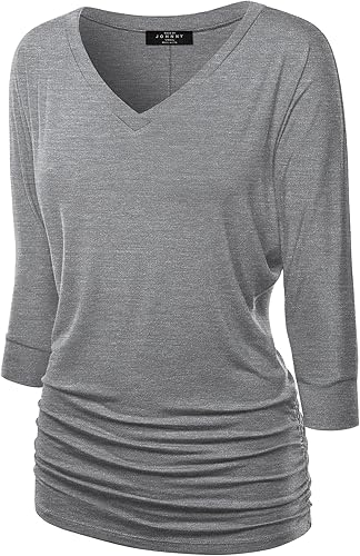 Made By Johnny Women's Casual Boat Neck and V-Neck 3/4 Sleeve Draped Dolman Top with Side Shirring Premium Shirt