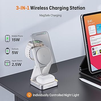 2025 Upgraded Wireless Charger 3 in 1, Foldable Wireless Charging Station with Light for Apple MagSafe Charger, Travel Magnetic Charger for iPhone 16/15/14/13/12 Apple Watch AirPods (20W Adapter)