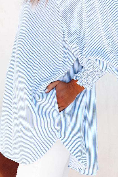 🔥Mid-length smocked shirt with striped lapel and oversized drawdown sleeves🏆️