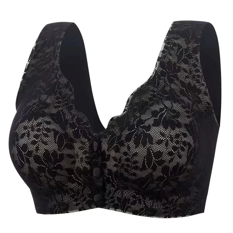 Plus Size Jacquard Lace Button Front Comfy Bra